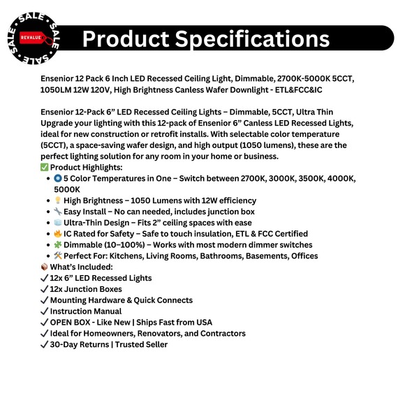 Ensenior 12-Pack 6" LED Recessed Lights – 5CCT 1050LM Dimmable Canles, IC‎ Rated - Picture 2 of 9